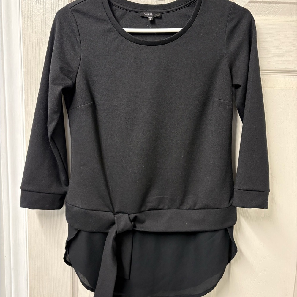 Dynamite Black Relaxed Tie Front 3/4 Sleeve Top